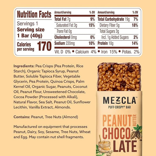 Mezcla Puff Crispy Protein Bars, Gluten Free & Vegan Protein Bars, 10g Protein, Alt for Crispy Rice Treat, Granola Bars & Breakfast Bars, Healthy Snacks for Adults, Peanut Butter Chocolate, 12 Pack