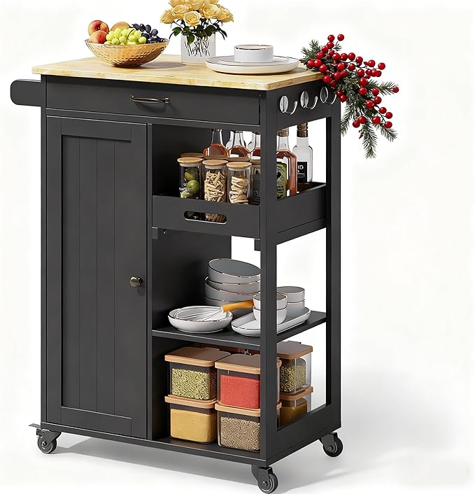 Gizoon Kitchen Island Cart with Solid Wood Top, Rolling Serving Utility Trolley Cart with Drawer, Cabinet, Towel Rack, Hooks and 3 Open Storage Shelves, Mobile Storage Cart for Dining Room, Bar, Black