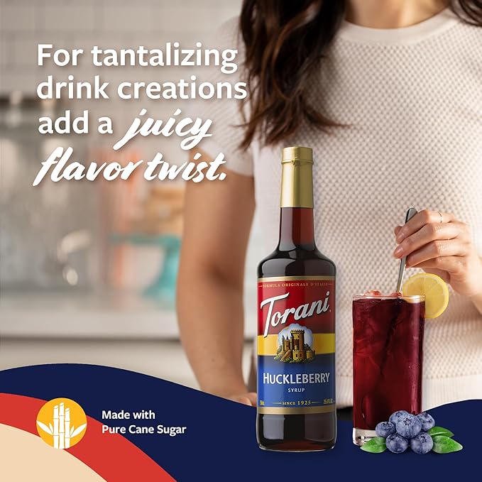 Torani Huckleberry Syrup for Drinks, Flavoring for Iced Tea, Lemonade, Sodas, and Cocktails, Glass Bottle with Pump Included, 25.4 Fl Oz
