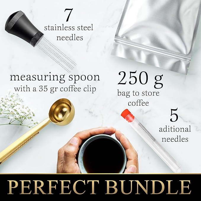 WDT Tool Espresso, WDT Tool, 7 needles 0.35mm with 5 extra, Espresso Distribution Tool, WDT black, Coffee Scoop with Clip 35g, Espresso Tools, Espresso WDT, Espresso WDT Tool,