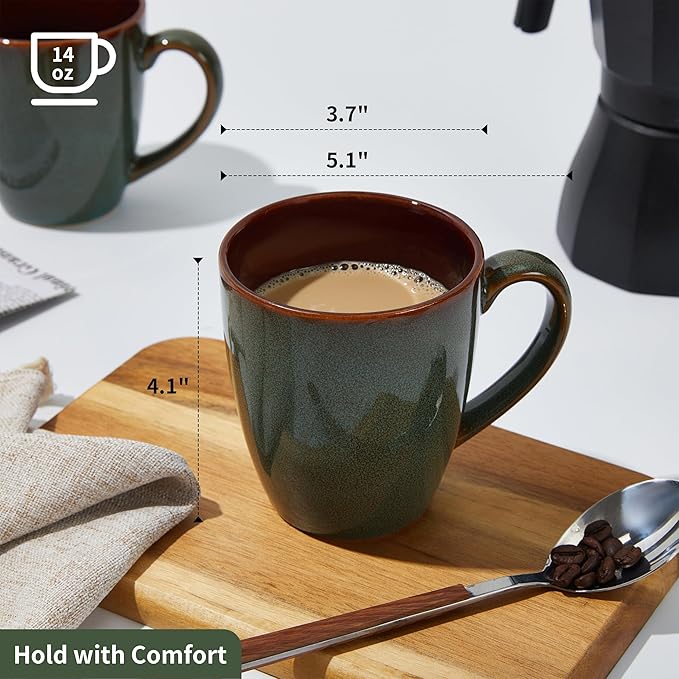 Coffee Mug 14 oz, Ceramic Coffee Mugs Set of 4, Reactive Glaze Mug for Latte/Tea/Cappuccino, Large Stackable Mug Set for Men, Women, Dad, Mom, Dishwasher & Microwave Safe, Brown Green