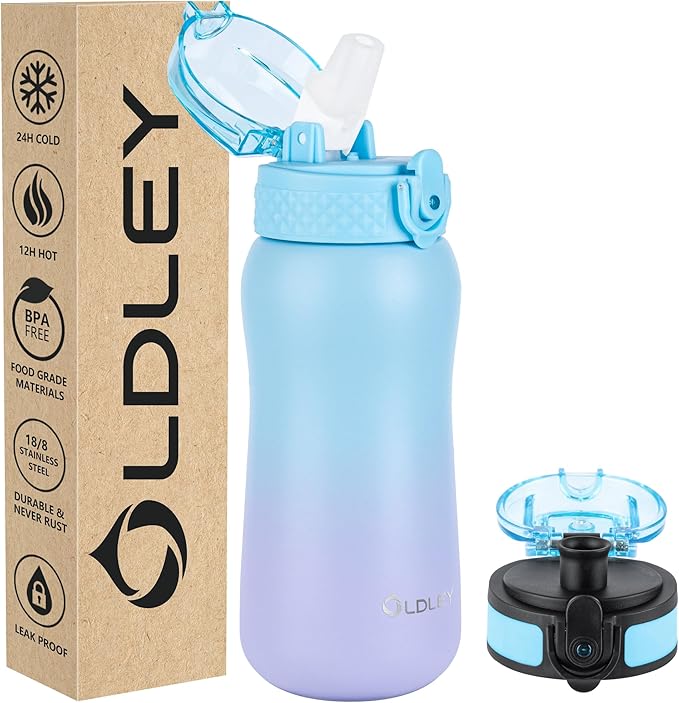 OLDLEY Insulated Kids Water Bottle, 12oz, Stainless Steel, Double Wall Vacuum, Leak-Proof, School Travel, Ombre Blue-purple