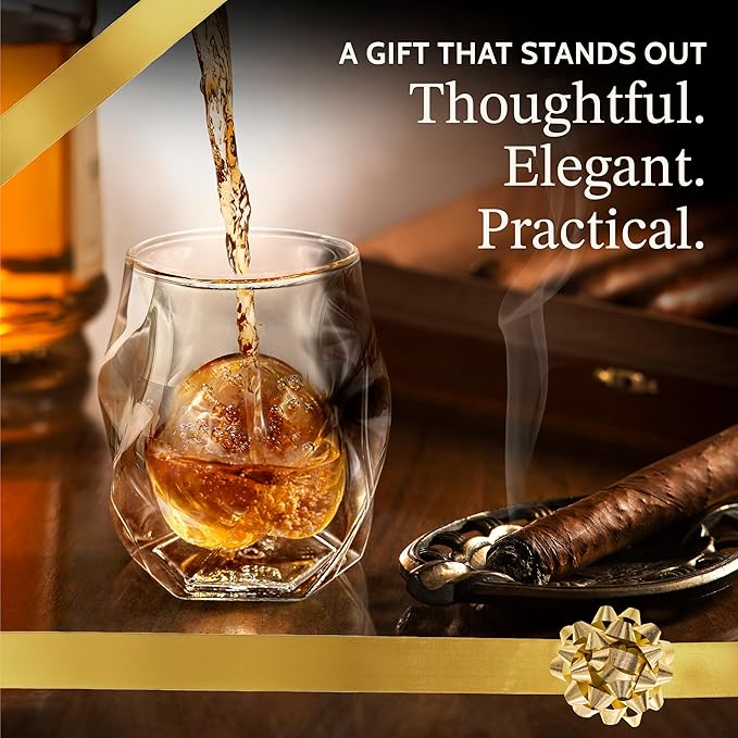 JAMES BENTLEY JB Whiskey Glasses – Double Wall, Hand Blown Borosilicate Glass, Enhances Aroma and Flavor, Premium Quality for Bourbon & Whiskey Tasting — Set of 2 Glasses with 2 Ice Ball Molds