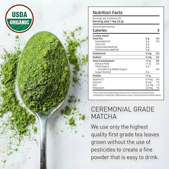 35°N MATCHA Organic Ceremonial Grade Matcha Powder, USDA Certified, 100% Pure Green Tea, First Harvest, No Additives, High in Antioxidants, L-Theanine & EGCG, Smooth Taste for Lattes & Baking, 1.4oz (40g)