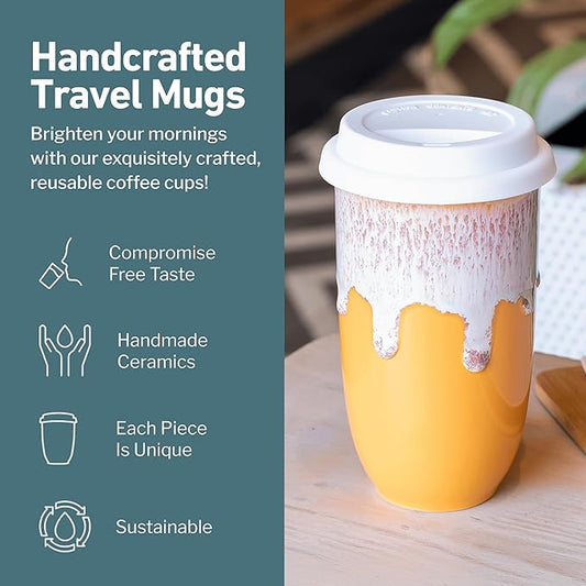 NOVA CERAMICS Ceramic Tumbler– Ceramic Travel Mug With Lid – Microwave & Dishwasher Safe Coffee White & Orange Tumbler - Gifts For Women Men Him Her – 16oz – Grapefruit