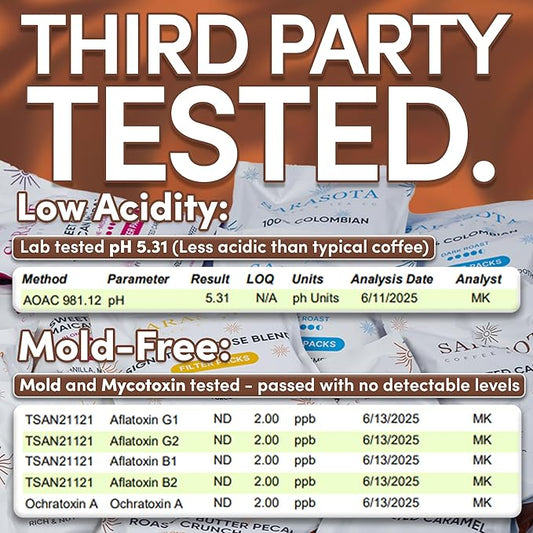 Ground Flavored Coffee In Filter Packs | Medium Roast Low Acid Mold Free Pouches | Sampler Packets | Salted Caramel Gourmet Powder Bags for 10-12 Cup Drip Maker | Highest Rated Individual Premeasured Coffee