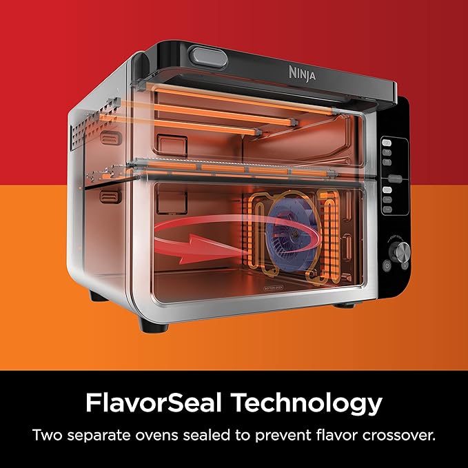 Ninja DCT401 12-in-1 Double Oven with FlexDoor, FlavorSeal & Smart Finish, Rapid Top Convection and Air Fry Bottom , Bake, Roast, Toast, Air Fry, Pizza and More, Stainless Steel