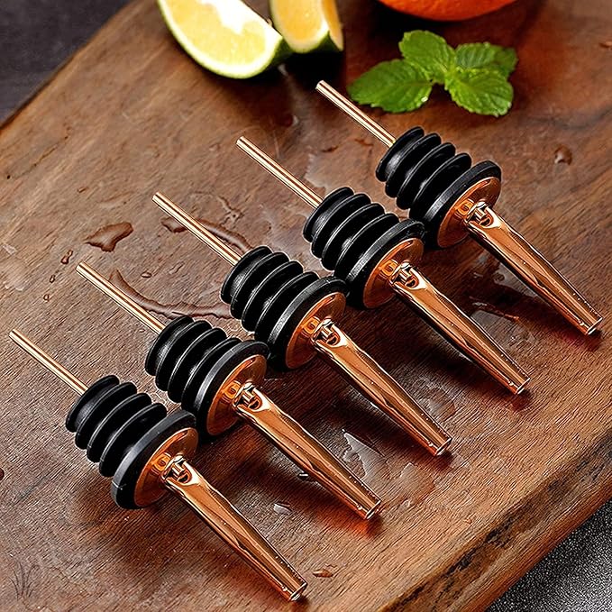 LEGERM Stainless Steel Copper Liquor Pour Spouts Set - Tapered Speed Pours Nozzles with Rubber Dust Caps | Pourers For Alcohol, Olive Oil & Liquor Bottles | Bartender Accessories for Bar & Home Use
