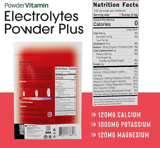 PowderVitamin Electrolytes Powder Plus (100 Servings) Strawberry Electrolyte Powder Zero Calorie Keto,0 Sugar, No Maltodextrin,1000mg Potassium,120mg Calcium,120mg Magnesium, Hydration Powder