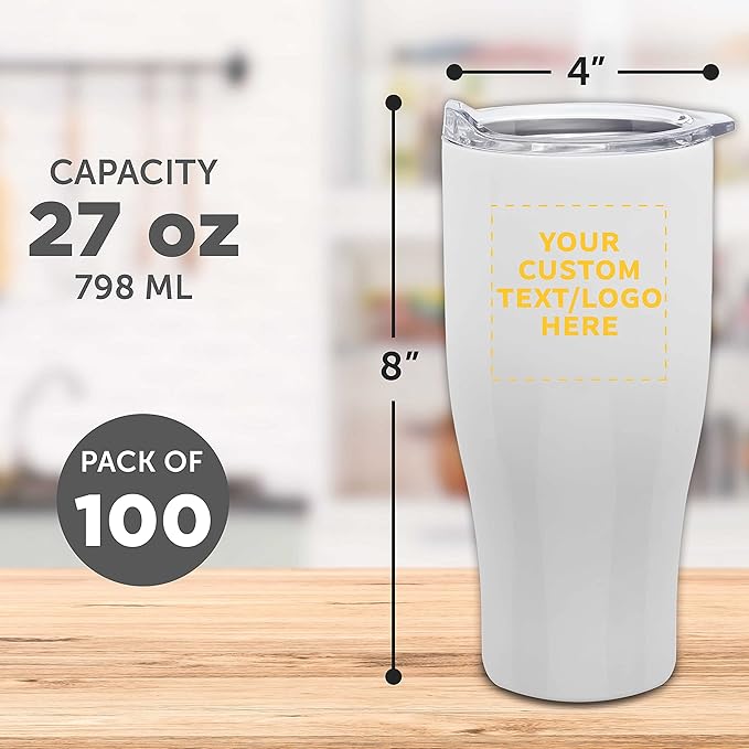 Custom Stainless Steel Grip Travel Mugs 27 oz. Set of 100, Personalized Bulk Pack - Perfect for Coffee, Soda, Other Hot & Cold Beverages - White