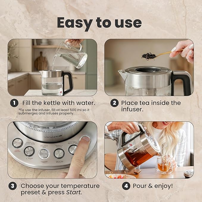 Vianté Electric Kettle With Infuser. No Plastic In Contact With Water. Hot Tea Maker With Temperature Control And Automatic Shut Off. Tea Kettle With Brewing Programs. 1.5 Liters Capacity