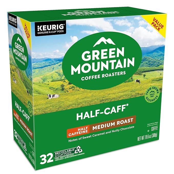 Green Mountain Coffee Roasters Half Caff, Single-Serve Keurig K-Cup Pods, Medium Roast Coffee Pods, 32 Count