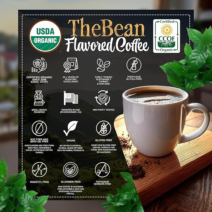 The Bean Organic Coffee Company Water Processed DECAF Chocolate Macadamia Nut, Medium Roast, Ground Coffee, 16-Ounce Bags (Pack of 2), Café Molido Tostado Orgánico descafeinado