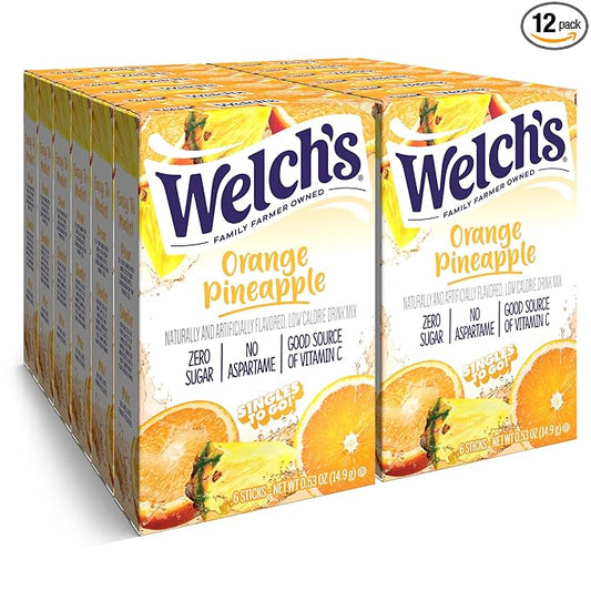Welch's Singles To Go Water Drink Mix - Powder Sticks, 12 Boxes with 6 Packets Each - 72 Total Servings, Orange Pineapple, Pack of 12