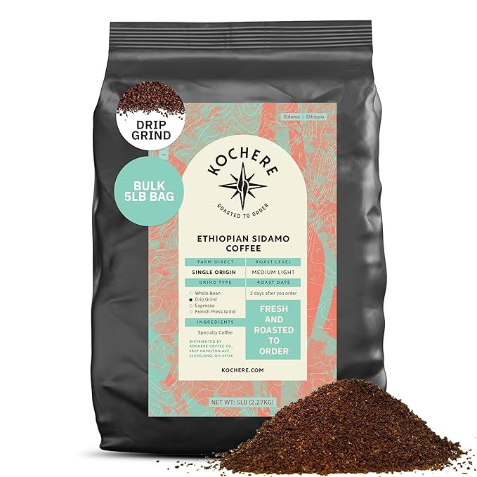 Ethiopian Sidama Coffee Beans - Single Origin Medium Light Roast, Freshly Roasted To Order Drip Grind Coffee, Specialty Grade, Fair Trade and Non-GMO, Chocolate and Fruity Notes - 5LB