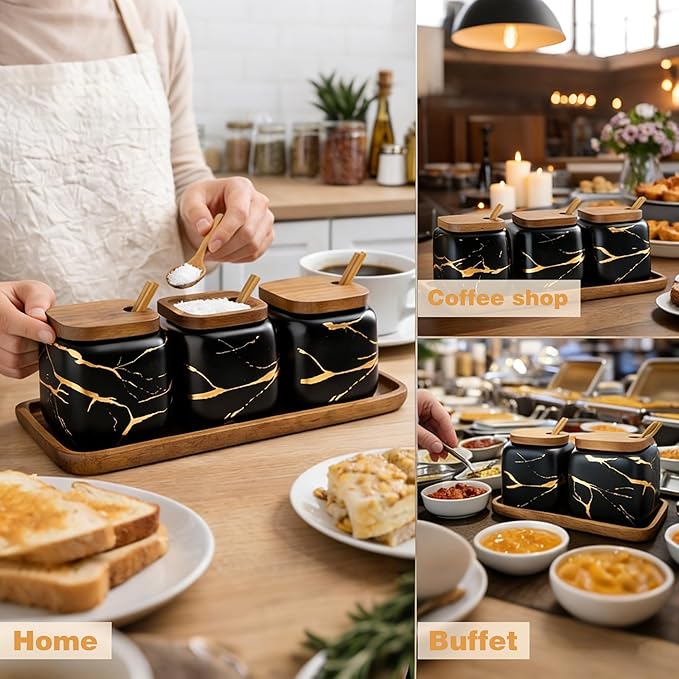 3 Pcs Porcelain Condiment Jar Pot Spice Container Ceramic Seasoning Jar with Lid Spoon and Tray Great for Home Kitchen Counter, Black