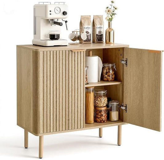 VEVOR Buffet Cabinet, Sideboard Cabinet with 2-Tier Storage, Coffee Bar Cabinet with Adjustable Shelves, Fluted Sideboard Buffet for Hallway, Entryway, Living Room, or Kitchen, Oak