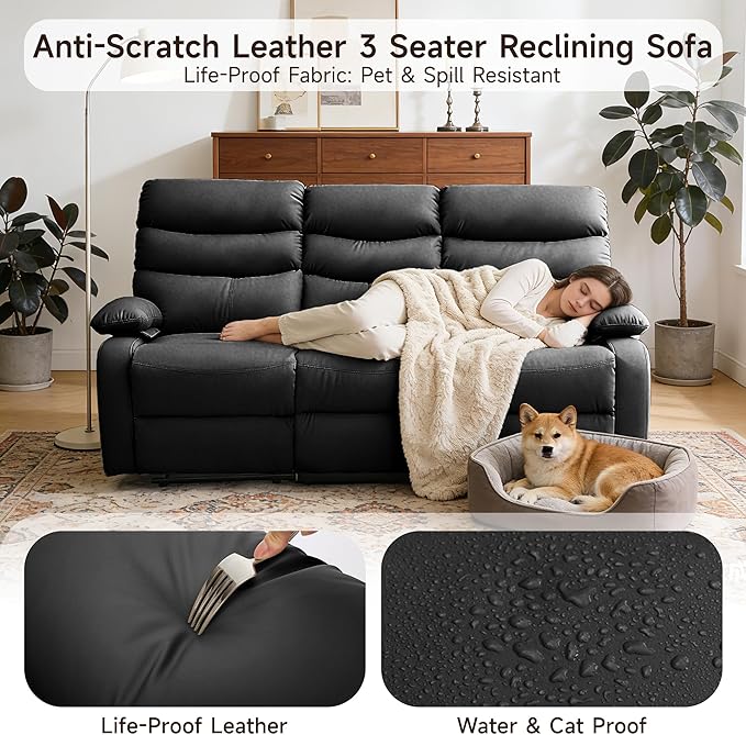 3 Seater Recliner Sofa Set, Anti-Scratch Reclining Loveseat Sofa & Couch for Living Room, RV, Home Theater Apartment(Black, 3 Seater Sofa)