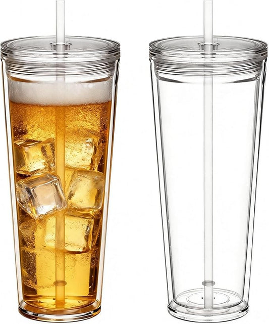 24oz Tumbler with Lid and Straw, Leak Proof and Double Wall Insulated Reusable Plastic Cups,Travel Reusable Iced Coffee Cup (2, Transparent)