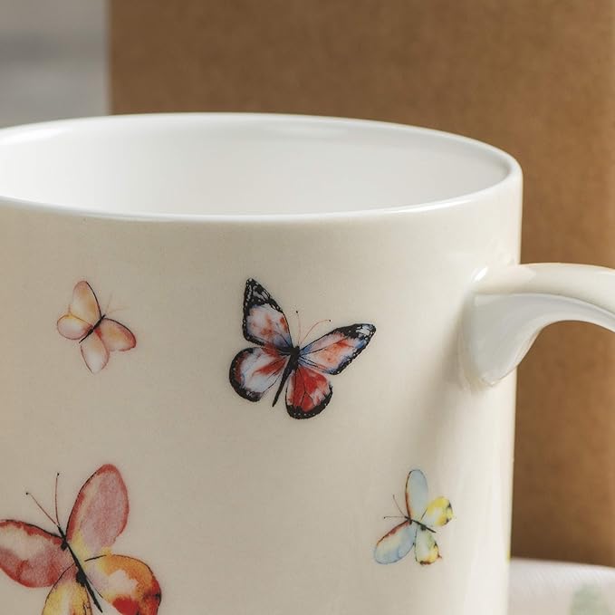 Maison d' Hermine Coffee Mug with Handles Fine Bone China Mugs Pack of One Tea Cups for Hot Beverages Cappuccino Latte Home Restaurant Office Perfect for Gift (Botanical Fresh - Butterflies, 12 Ounce)