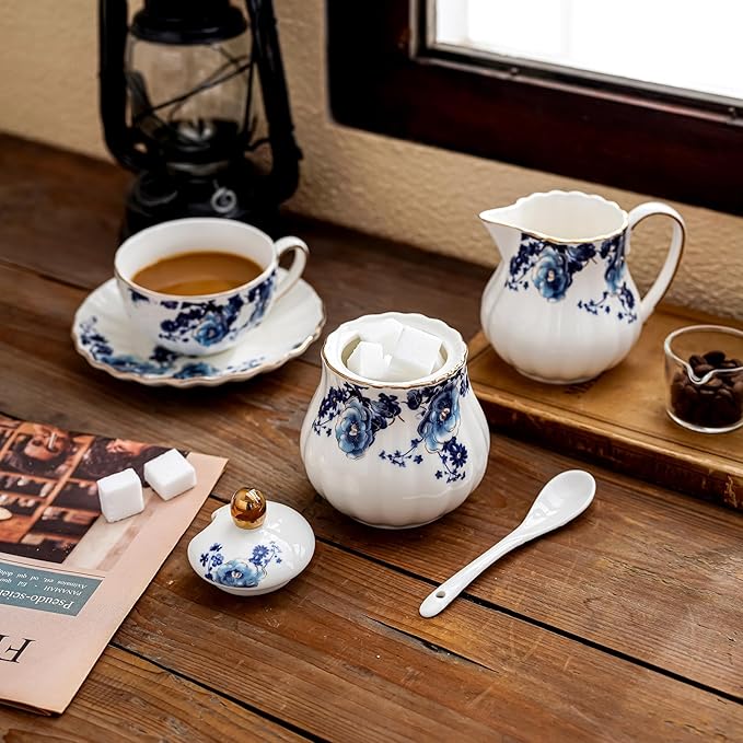 7.6oz Creamer Pitcher,Small Milk Jug with Handle,Small Milk Pitcher Cup for Coffee, Sauces, Salad (White with blue flower)