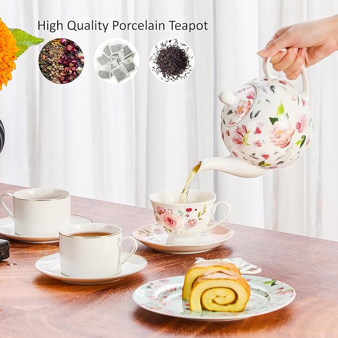 30oz Porcelain Teapot, Floral Design Ceramic Tea Pot for Loose Leaf & Bagged Tea, Classic 3-4 Cups Teapot for Daily Use & Special Occasions, Dishwasher Safe