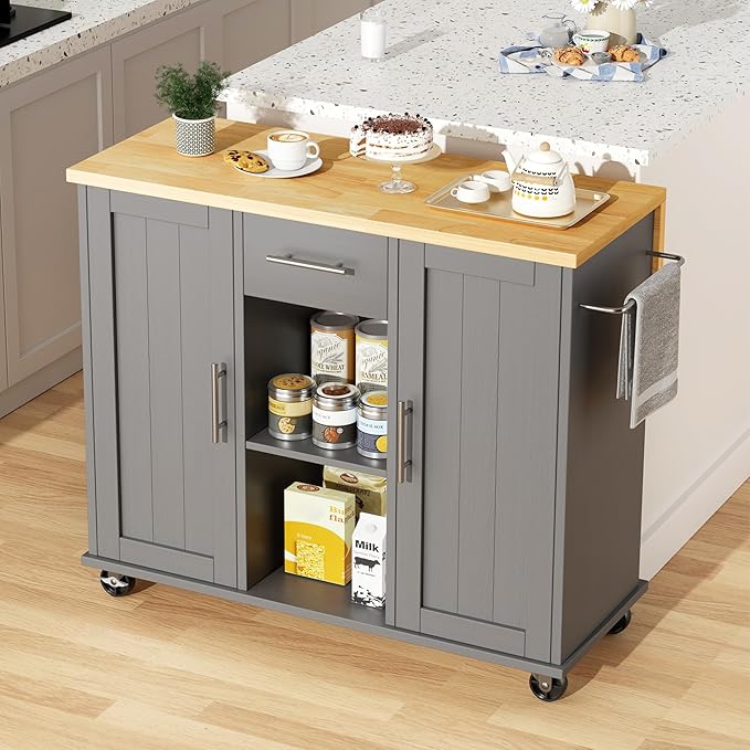 JY QAQA 42" Kitchen Island with Storage on Wheels, Rolling Table with Drop Leaf, Drawers, Cart Handle for Towel Rack or Free Movement, Gray