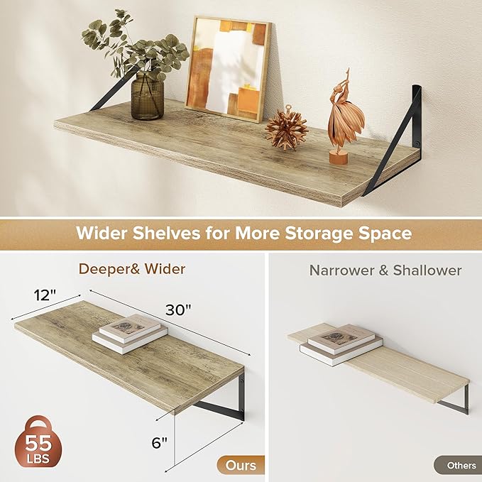 Deep Floating Shelves Wall Mounted, 30"x12" Gray Wall Shelves with Brackets Set of 2 for Bedroom, Living Room, Bathroom, Kitchen, Office - Storage & Display Shelf for Decor, Books, Plants