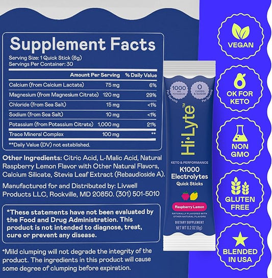 Hi-Lyte K1000 Electrolytes Powder Packets Raspberry Lemon, 30 Servings