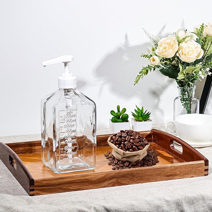 Uceoo Coffee Syrup Dispenser, Glass Syrup Bottle With Plastic Pump, 37 Oz Large Capacity Square Syrup Pump Dispensers for Coffee Bar, Simple Clear Pump Bottle for Honey, Condiments, Salad Dressings