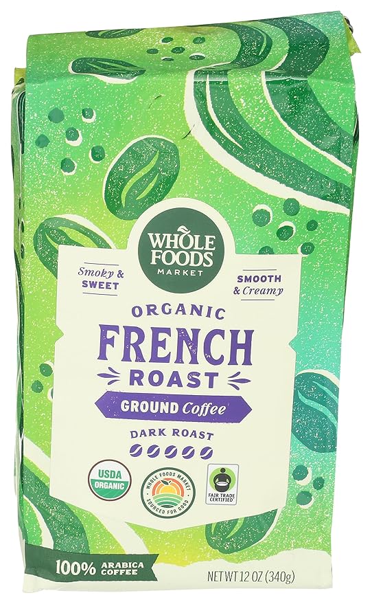 Whole Foods Market, Organic Ground Coffee, Dark French Roast, Smoky & Sweet, Smooth & Creamy, 12 Ounce