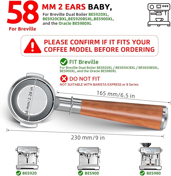 58mm Bottomless Portafilter 2 Ears - Fits Breville Oracle, Oracle Touch, Dual Boiler BES980XL BES990BSS BES920XL-Not for E61 groupheads-with Double Shot Filter Basket & Walnut Handle