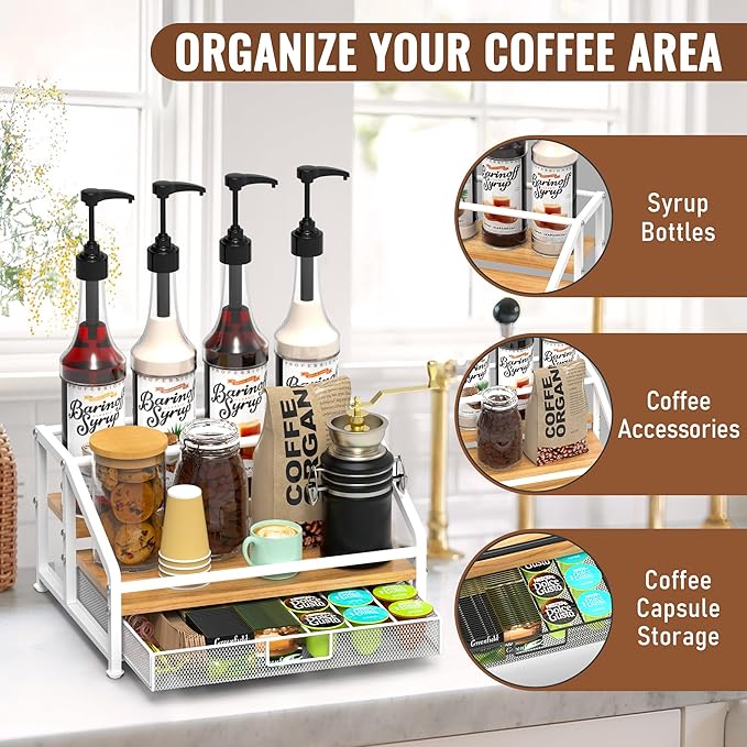 Alyoen Coffee Syrup Organizer Rack, 3-Tier Coffee Station Organizer for Countertop, Coffee Bar Organizer with 35K Cup Storage Basket, Coffee Syrup Holder Stand for Coffee Bar Accessory - White