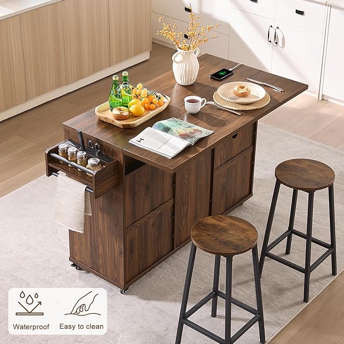 57" Kitchen Island with Storage — Kitchen Rolling Island with Trash Can Storage Cabinet, Power Outlet & Drop Leaf, Large Mobile Island Cart on Wheels with Spice & Towel Rack, Knife Holder (Walnut)