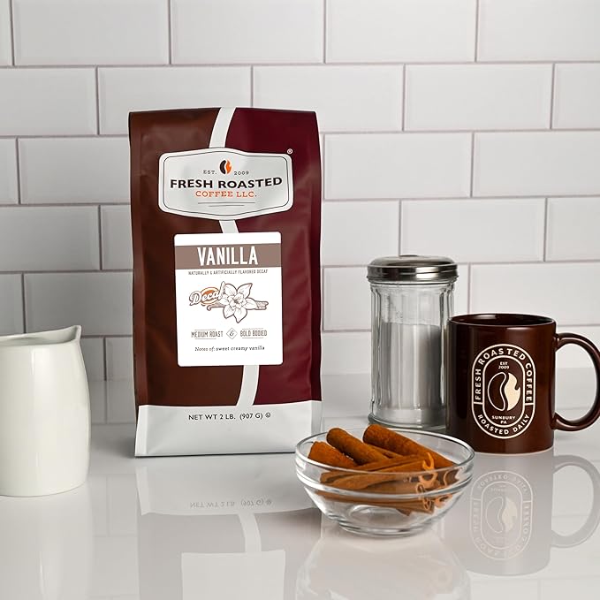 Fresh Roasted Coffee, Decaf French Vanilla Flavored Coffee, 2 lb (32 oz), Medium Roast, Kosher, Whole Bean