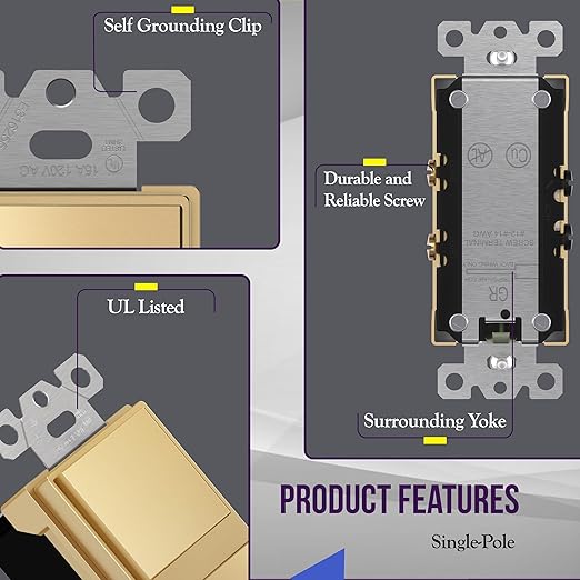ENERLITES Elite Series Double Decorator Switch with Screwless Wall Plate, Combination Paddle Switch, Ground Terminal, Single Pole, Residential Grade, 15A 120V-277V, 62834-GDWP, Gold with Wall Plate