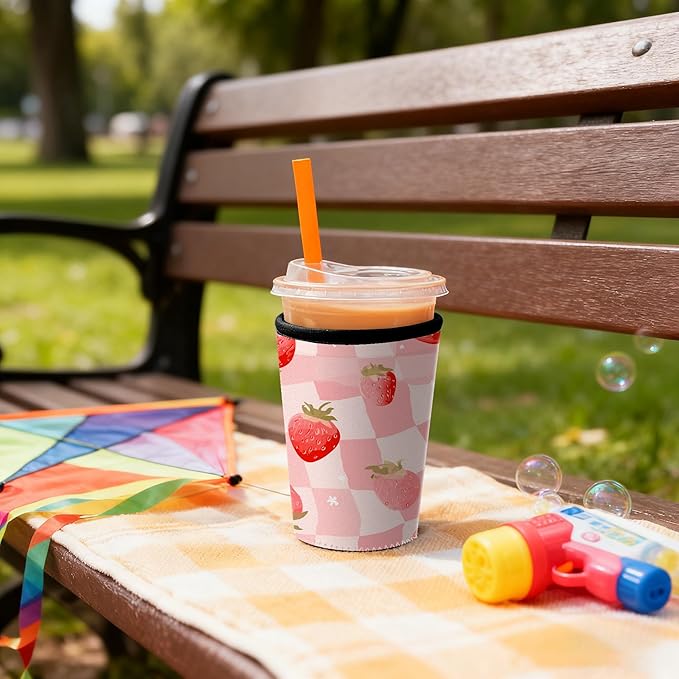 Cute Pink Insulated Coffee Sleeve for Women & Gifts Strawberry Checkered Iced Coffee Sleeve Set of 3 Fits 16oz 24oz 30oz Cups