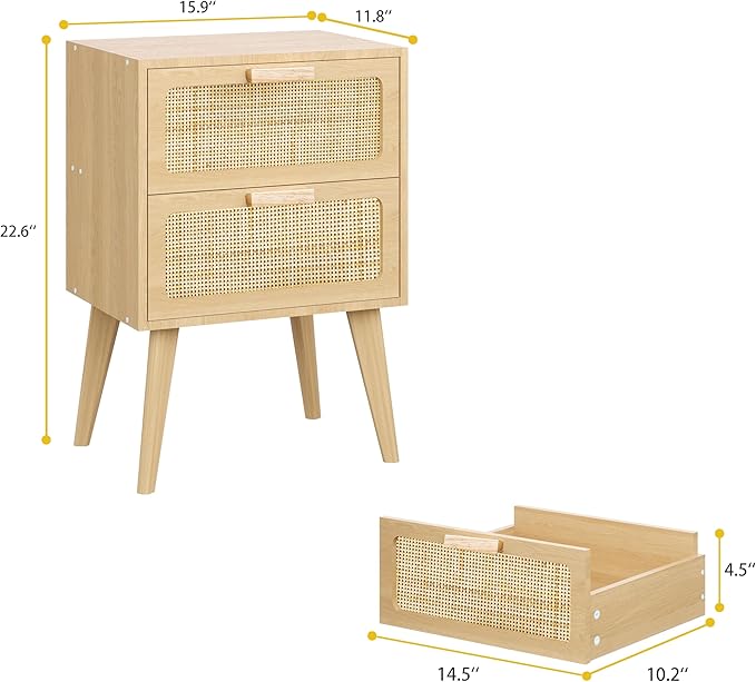 Small Rattan Nightstand,Boho Bedside with Storage,End Table,Side Table with 2 Hand Made Rattan Decorated Drawers for Small Space,Livingroom,Bedroom,Natural 11.8" D x 16" W x 22.4" H CTG59Y
