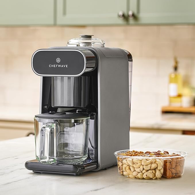 ChefWave Milkmade Soy Milk Maker (Silver/Black) 6-in-1 Vegan Plant-Based Milk Machine with Auto Clean, and Delay Start, Almond, Oat, Soy, Cashew, Coconut, Macadamia Milk Maker with Nut Platter