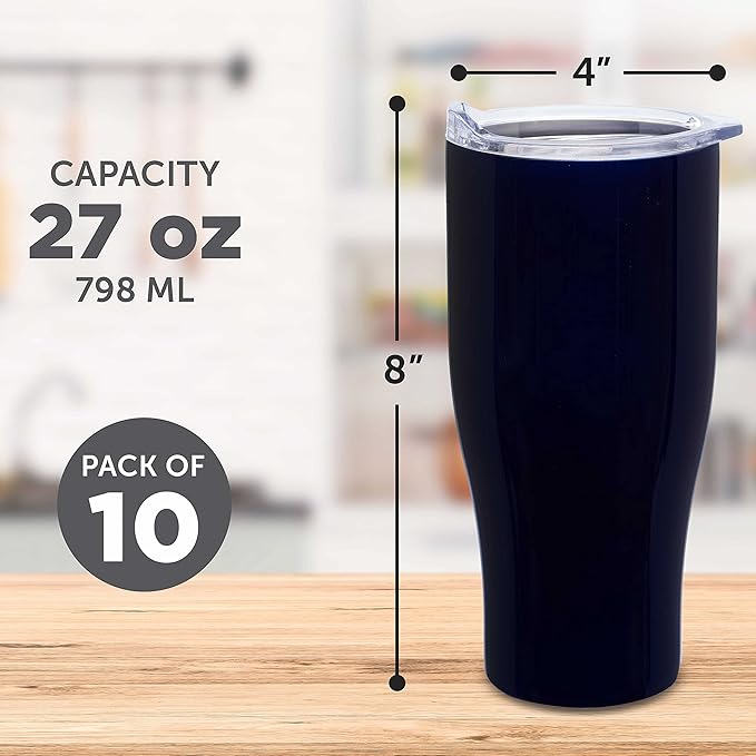 DISCOUNT PROMOS 10 Stainless Steel Grip Travel Mugs Set, 27 oz. - Vacuum Insulated, Plastic Lid - Blue