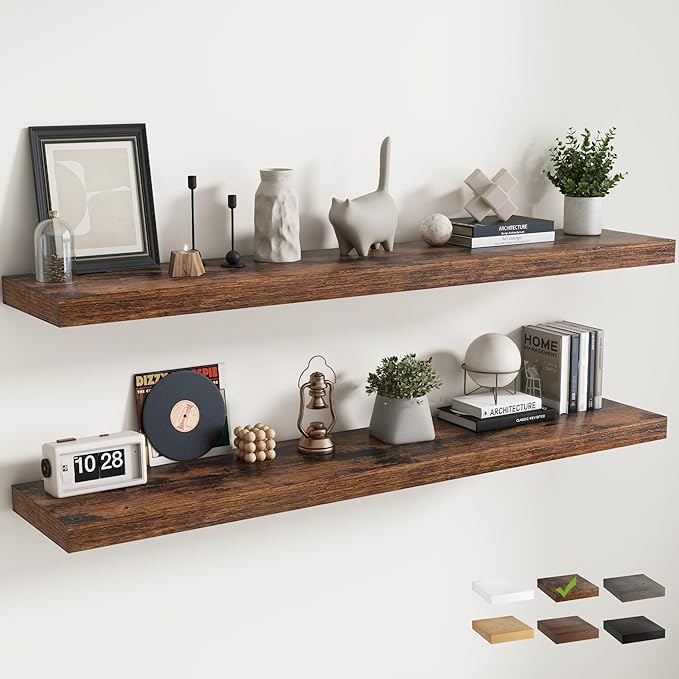 Floating Shelves for Wall with Invisible Brackets, Wall Mounted Engineered Wood Shelves with Wood Grain for Living Room, Bathroom, Kitchen Decor and Storage, Oak, 71"L Set of 2, Rustic Brown