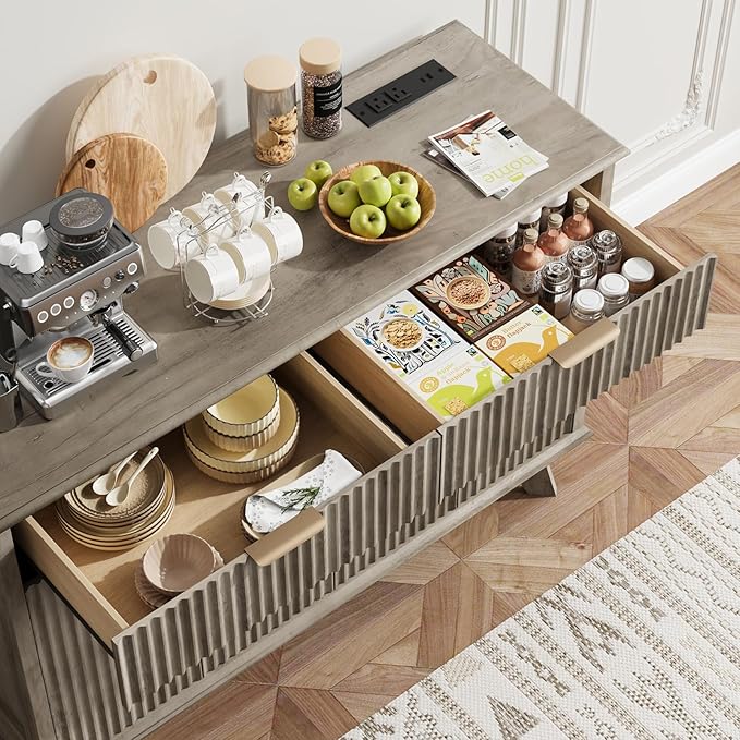 QUW Fluted Buffet Sideboard Cabinet with Storage, 47.2" Kitchen Cabinet with Drawers and Adjustable Shelves, Modern Coffee Bar with Charging Station, for Dining Room, Living Room, Grey