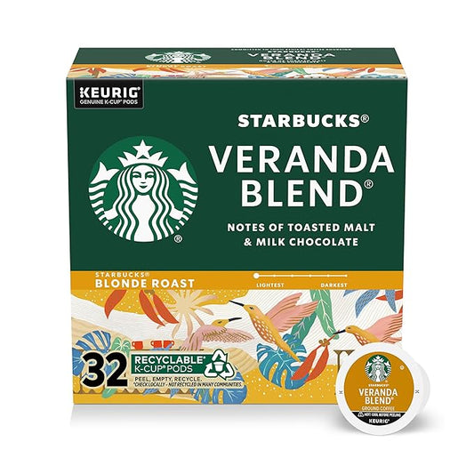 Starbucks K-Cup Coffee Pods, Starbucks Blonde Roast Hot or Iced Coffee, Veranda Blend, 32 Keurig Pods