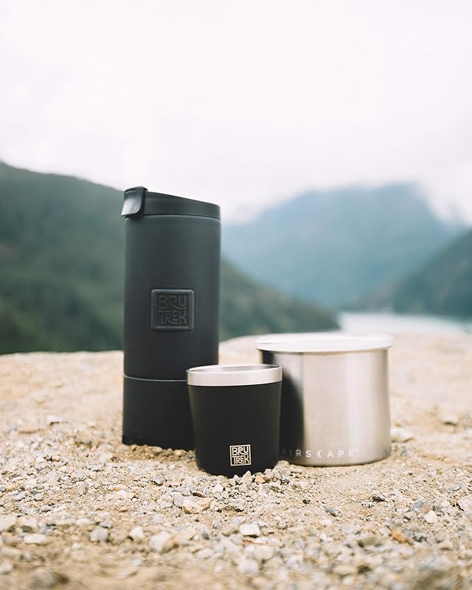 BruTrek OVRLNDR Travel Coffee French Press, 24 fl.oz Capacity, Double Wall Vacuum Insulated, Easy To Clean Removable Bottom, No Spill Lid, On The Go Coffee Brewing (Obsidian)