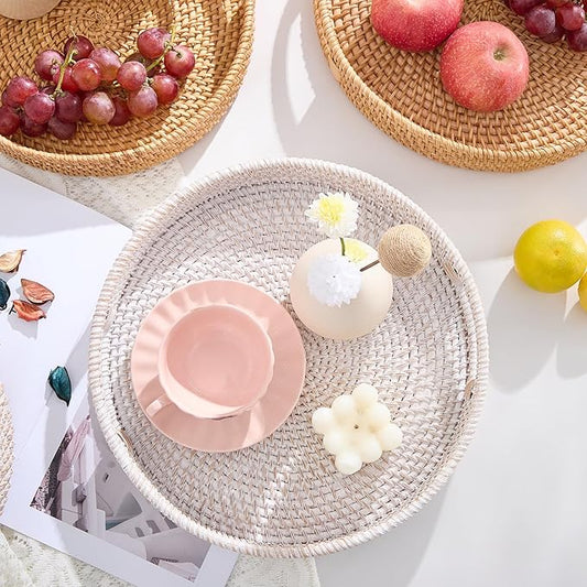 Round Rattan Serving Tray,Hand-Woven Tray with Handles, Ottoman Decorative Coffee Table Tray,Wicker Storage Basket for Tea,Fruit,Bread (Whitewash, 11.8")