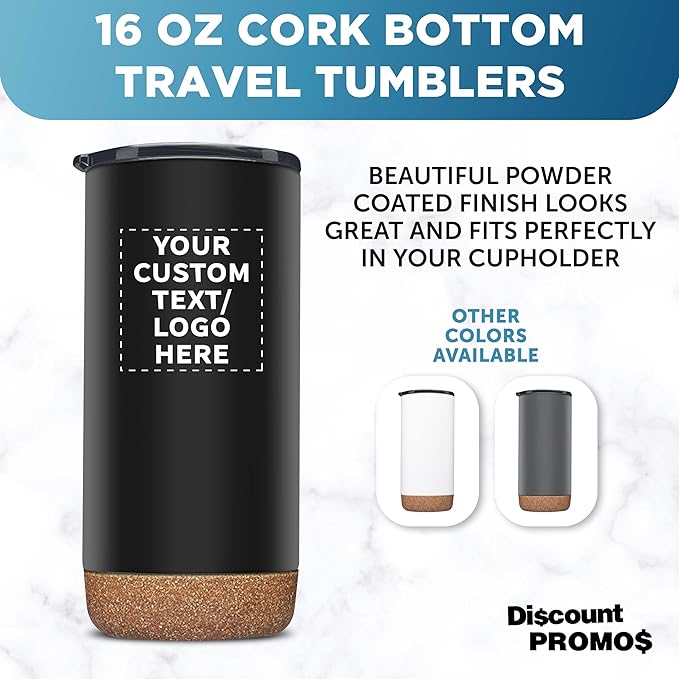 DISCOUNT PROMOS Custom Tumblers Cork Bottom 16 oz Set of 10/50/100 Personalized Bulk Pack Double Wall Insulated Matte Finish Iced Coffee Soda - Black