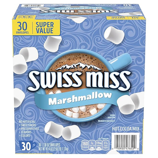 Swiss Miss Chocolate Hot Cocoa Mix With Marshmallows, Hot Cocoa Bar Supplies, 1.38 oz., 30-Count Envelopes