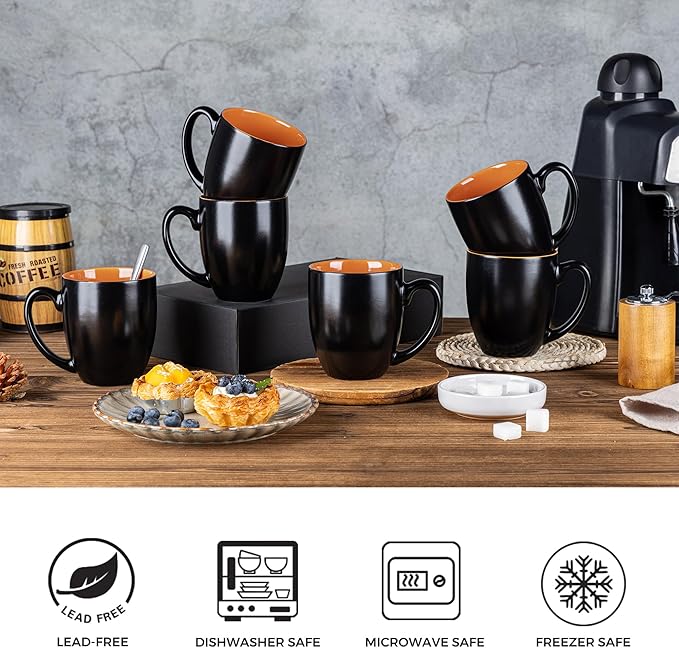 GBhome 12oz Coffee Mugs Set of 6, Large Ceramic Coffee Mugs for Man, Woman, Dad, Mom, Modern Coffee Mugs Set with handle for Tea/Latte/Cappuccino/Milk/Cocoa. Dishwasher&Microwave Safe,Orange