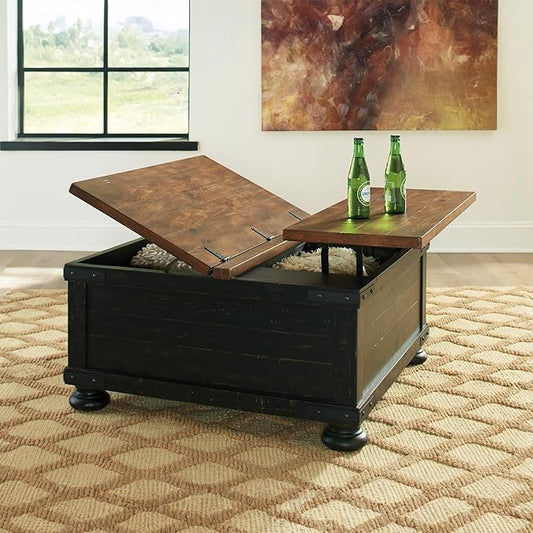 Signature Design by Ashley Valebeck Lift Top Coffee Table, Storage, Split-top Design, Wood, 36" W x 36" D x 18" H, 2-tone Distressed Brown & Black Finish
