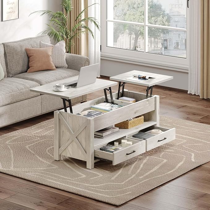 Seventable Coffee Table, 39.3" Lift Top Coffee Table with 2 Storage Drawers and Hidden Compartment, Retro Center Table with Wooden Lift Tabletop for Living Room, Gray